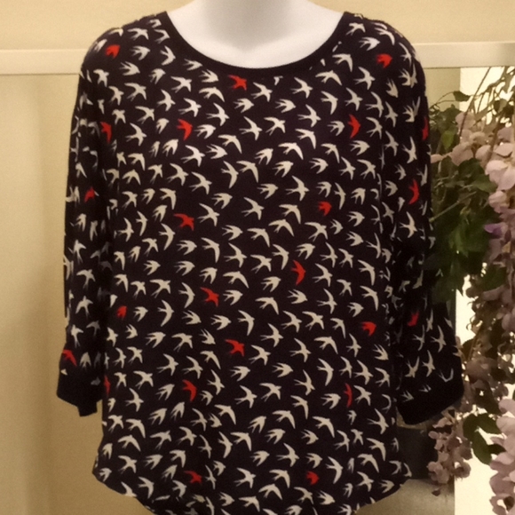 Anthropologie Maeve Bird Navy Printed Top - Picture 1 of 11